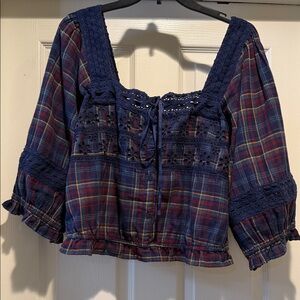 Flannel Crochet Embroidery CropFairy Plaid Elastic Waist PuffSleeve Smock Top XL